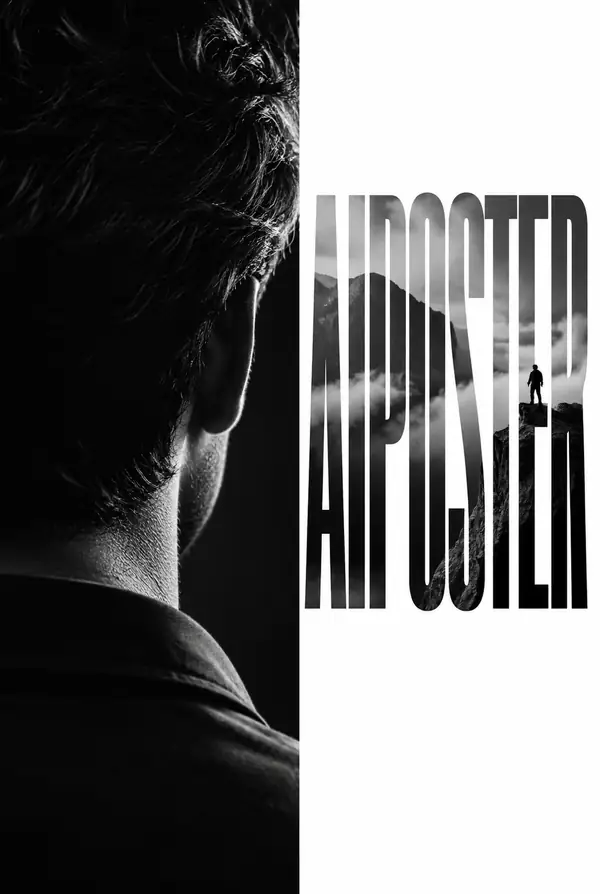 Clean monochrome corporate portrait poster with strong vertical typography
