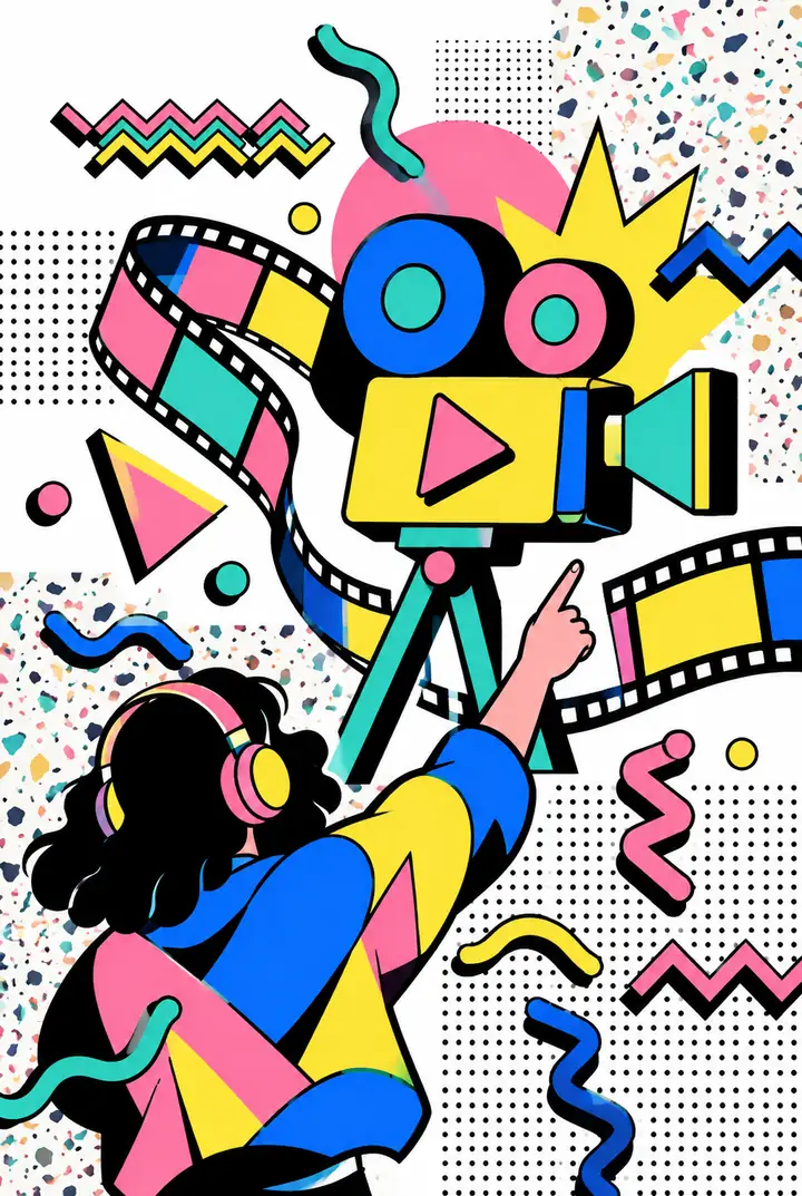 Colorful Italian Memphis-style artwork with playful geometric shapes