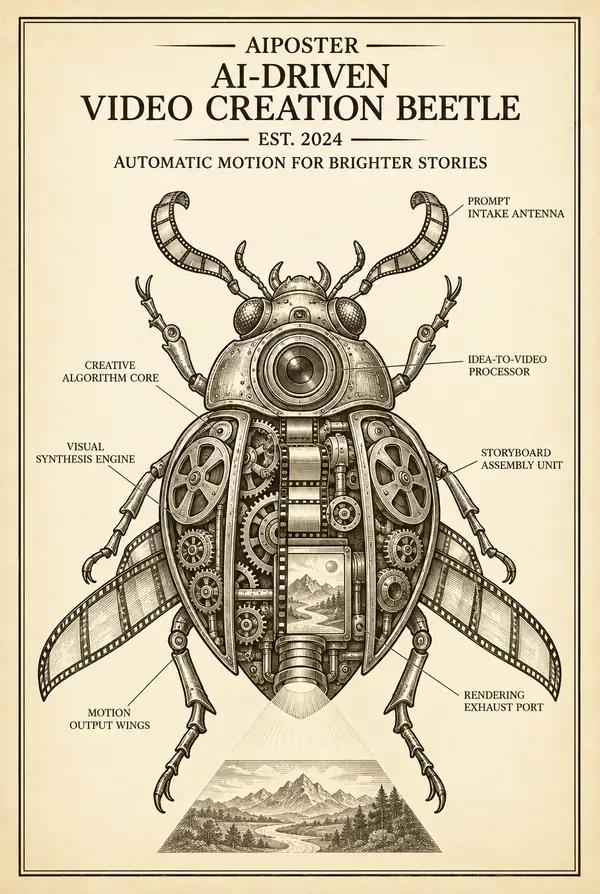 Antique blueprint-style technical drawing of a mechanical beetle