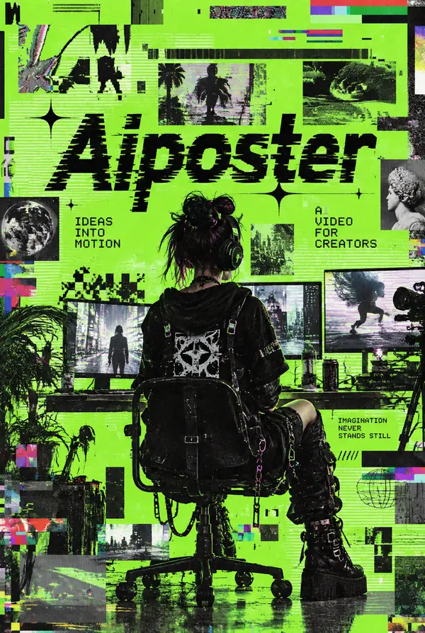 Lime-green glitch-art poster with a bold central figure