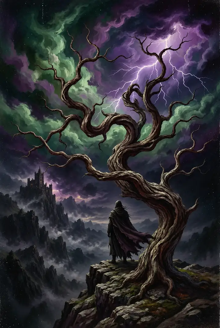 Twisted tree under a dramatic swirling expressionist sky