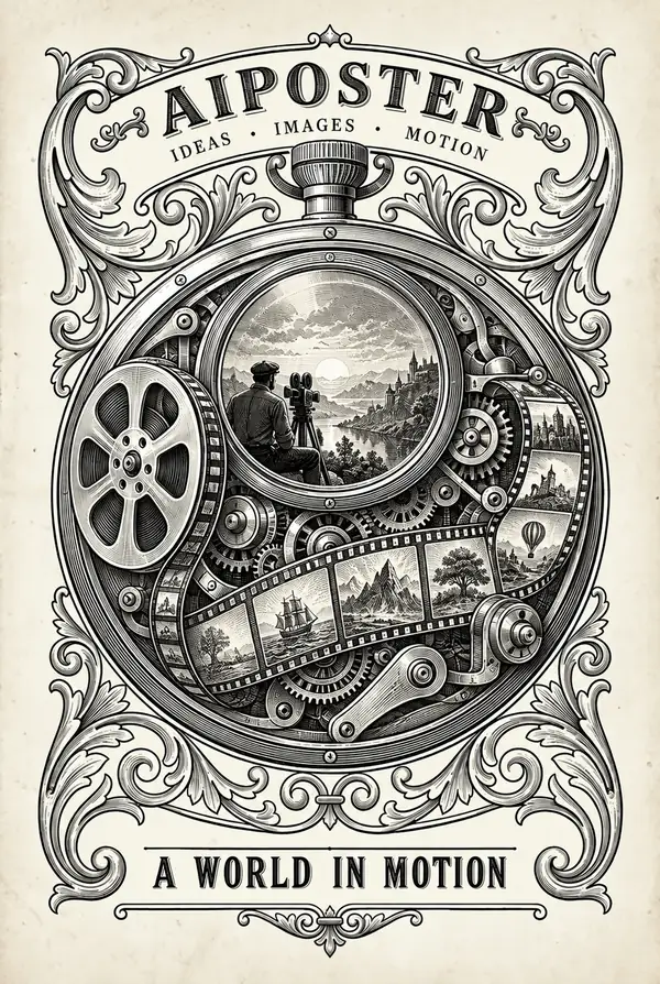 Intricate vintage engraving of mechanical details and ornamental lettering