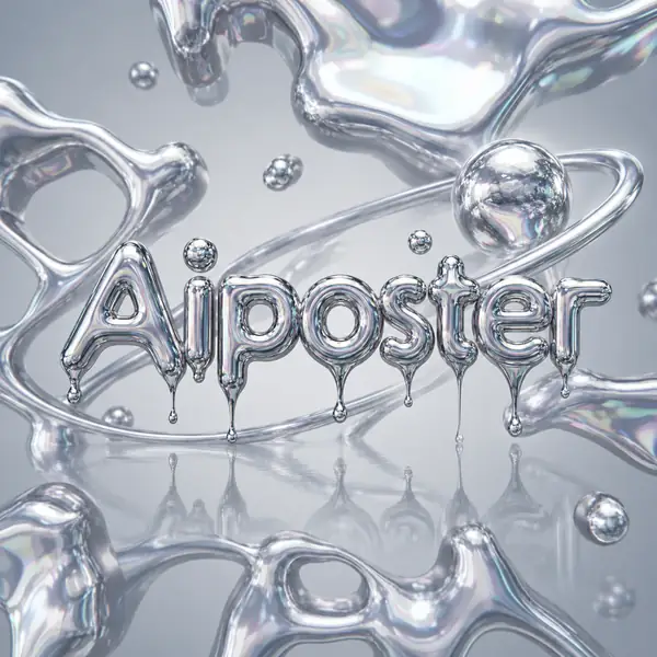 Shimmering liquid chrome lettering on an abstract metallic poster